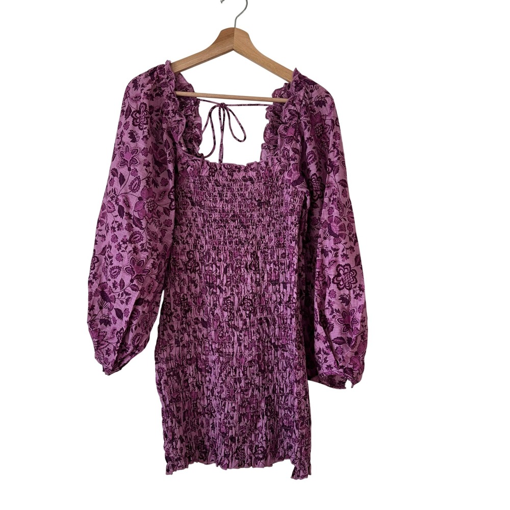 Free People Purple Floral Smocked Mini Dress Balloon Sleeve Size S OB1438613 NWT - Picture 2 of 13